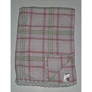 Carter's Pink Green White Plaid Baby Blanket Chenille Scalloped Edges 29x41